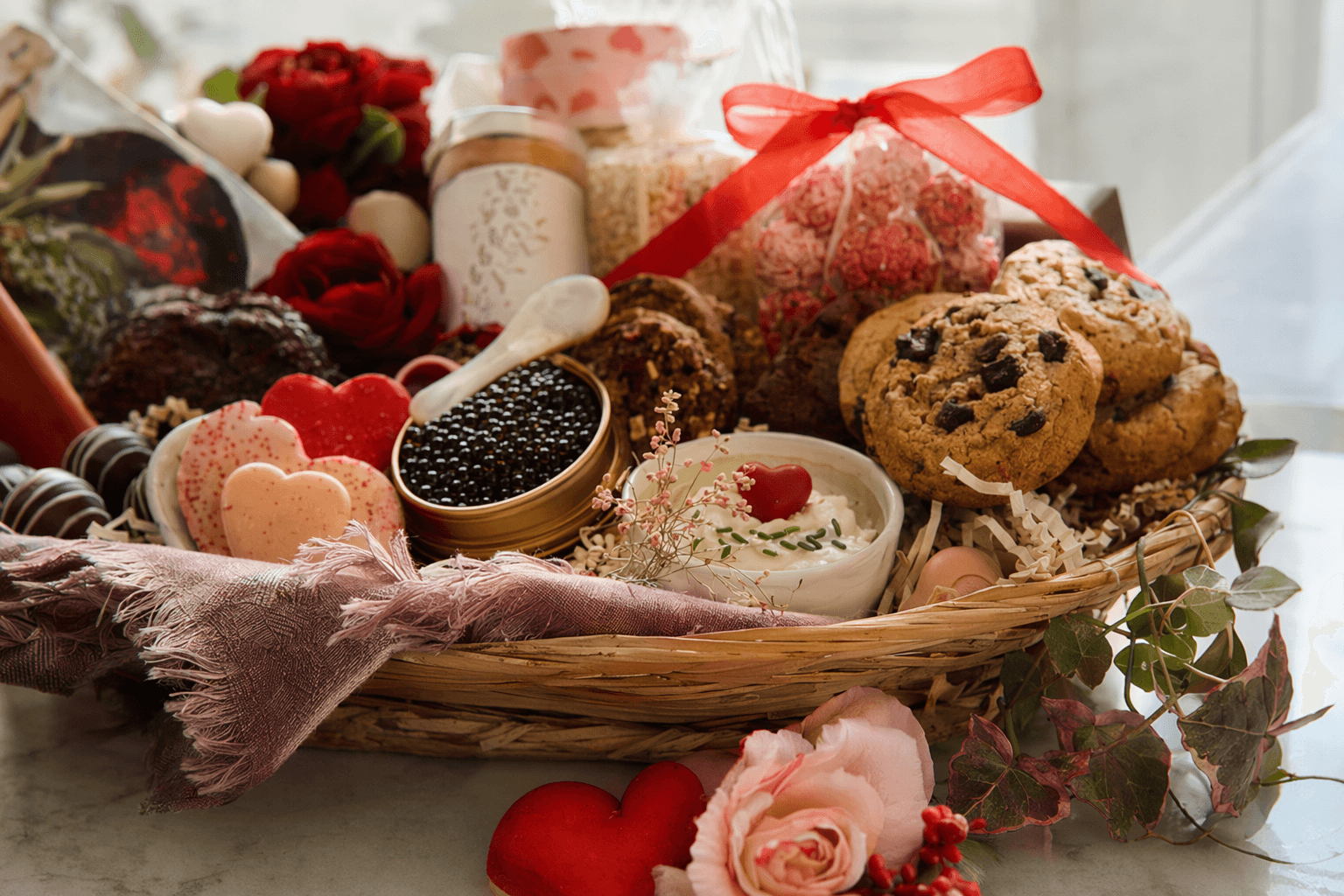 Valentine's Day gift baskets deliver cookies, caviar, and sweet treats