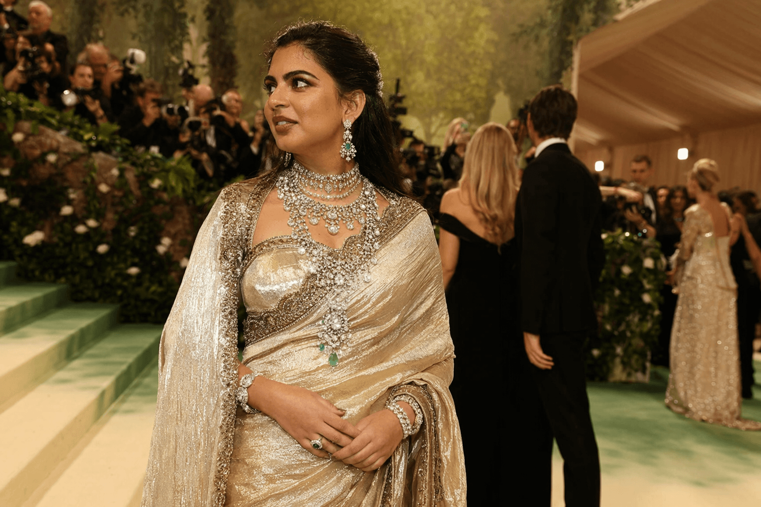 Isha Ambani Debuts Handwoven Met Gala Sari with 1,800-Carat Heirloom Jewels