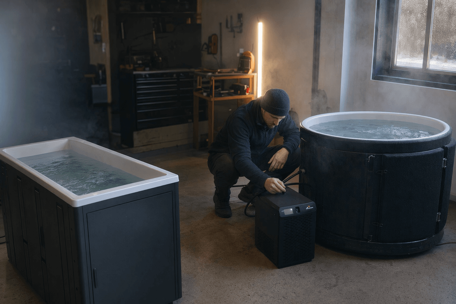 Sun Home Saunas contrasts chiller-based cold plunge systems with Ice Barrel models
