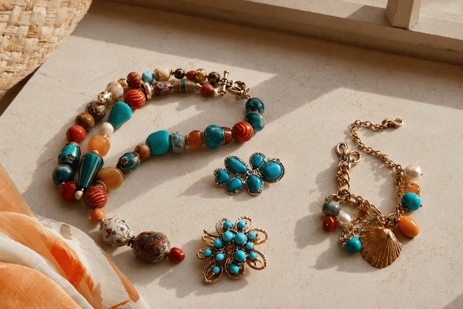 Colorful beads, brooches, and turquoise revamp summer jewelry style
