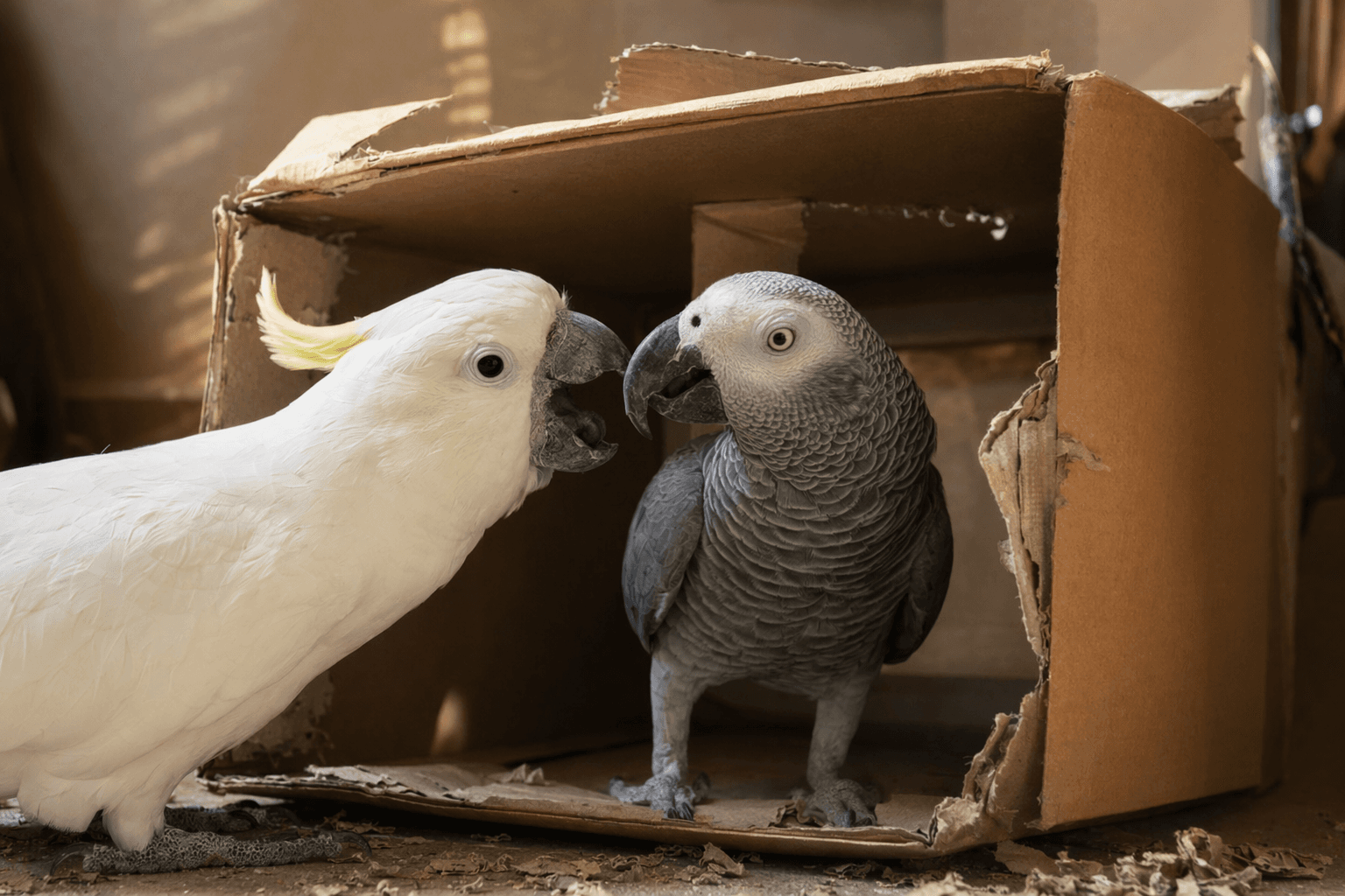 Cockatoo keeps pestering African grey brother during cardboard fort play