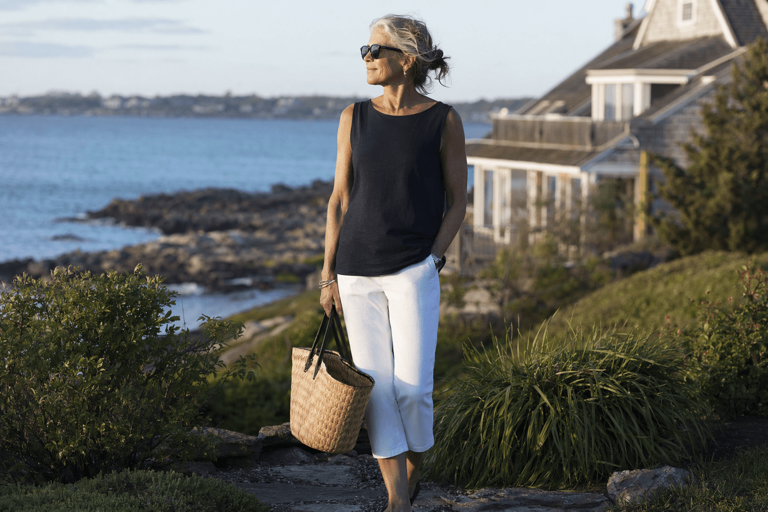 Coastal grandmother style leans on boatneck tanks, capris, and cotton dresses