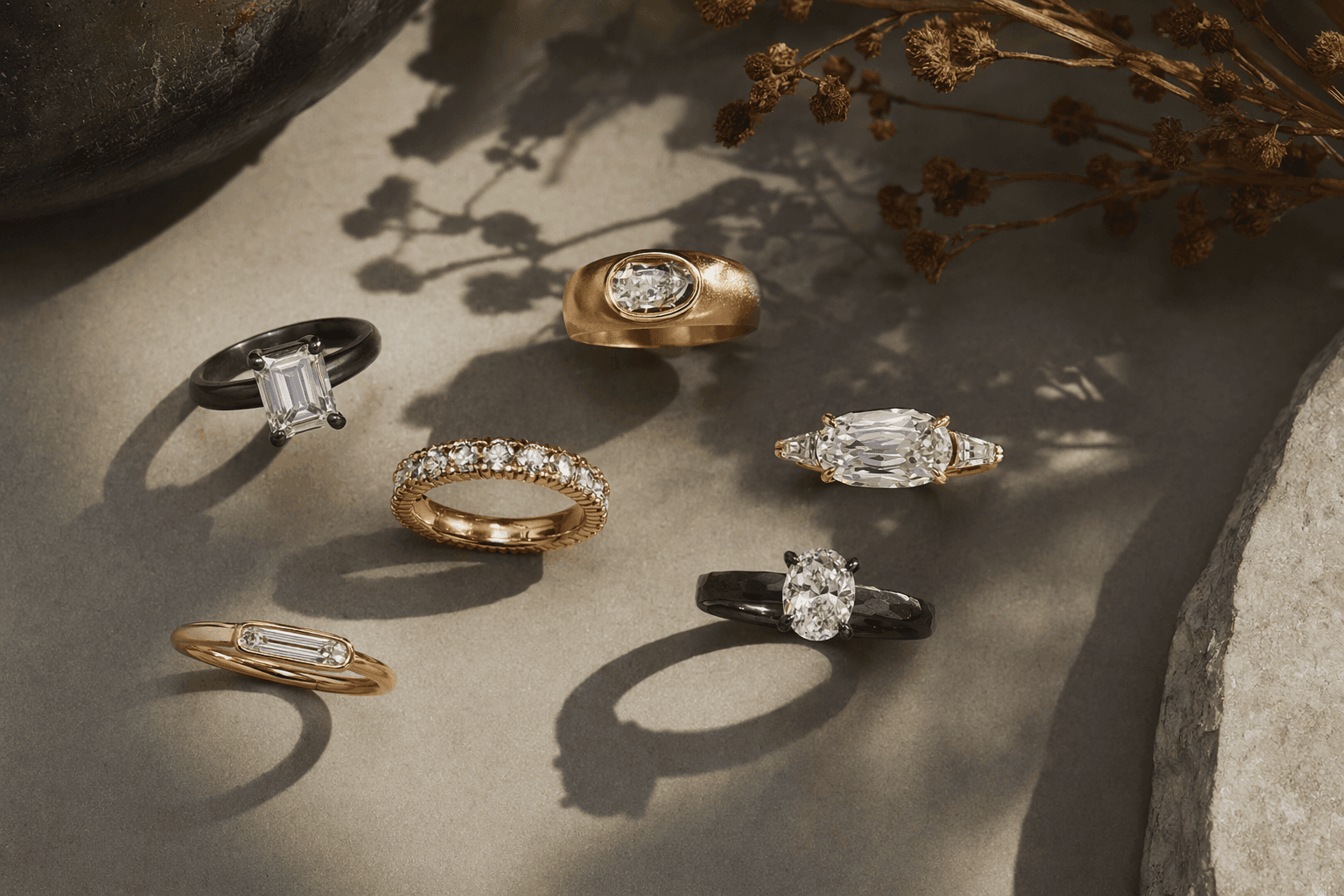 Bold engagement rings, from east-west settings to blackened gold gain ground