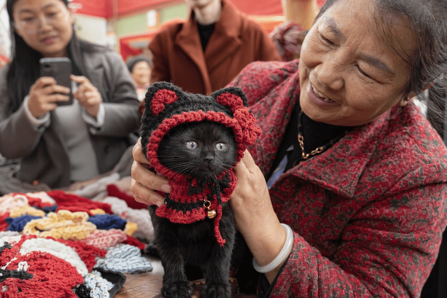 Chinese grandma's crochet cat collars and hats charm viral shoppers