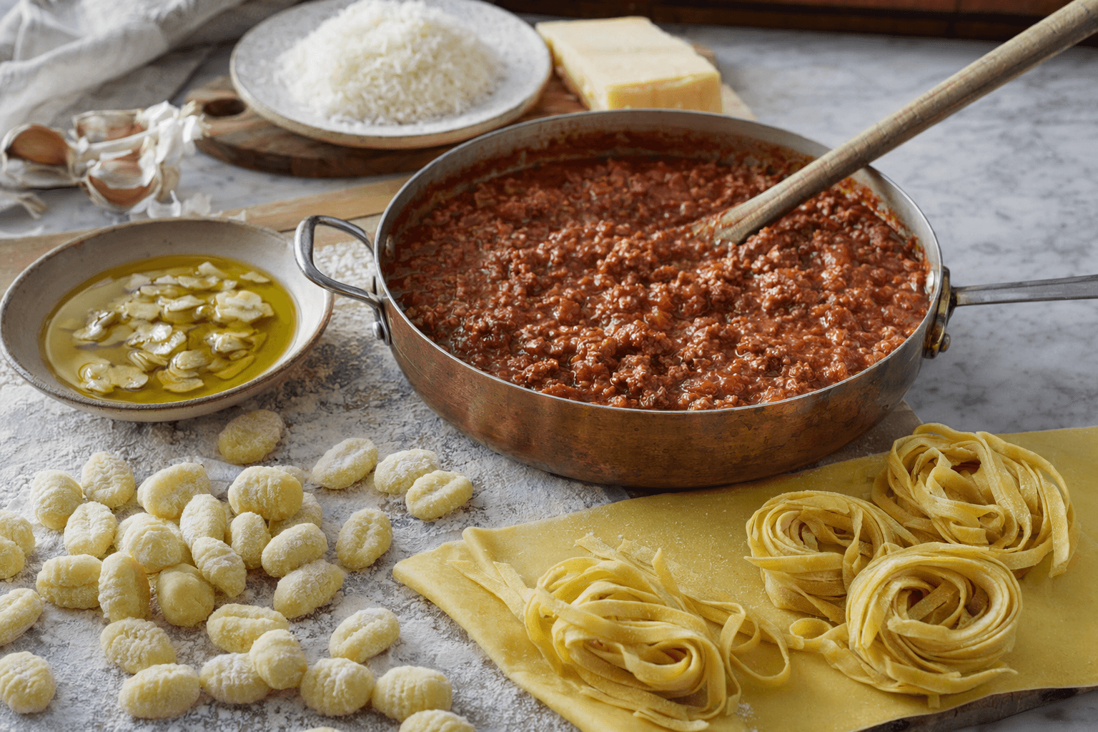 Italian cooking basics include ragù, garlic oil, fresh pasta and gnocchi
