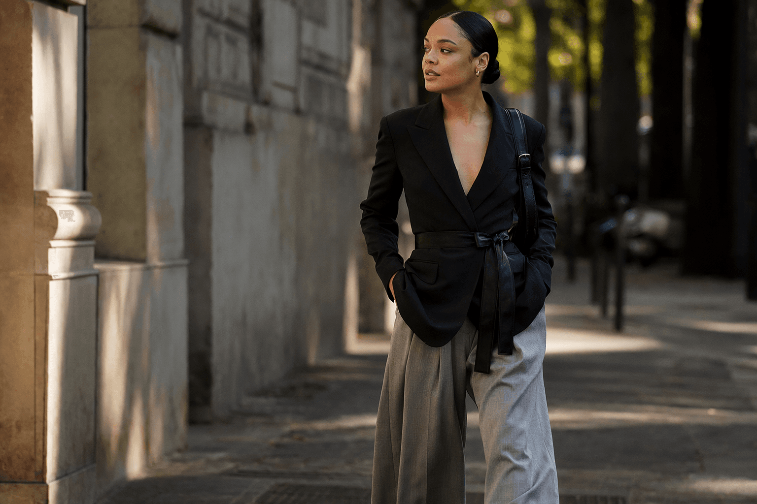 Tessa Thompson makes cinch-waist blazers feel fresh with wide-leg pants