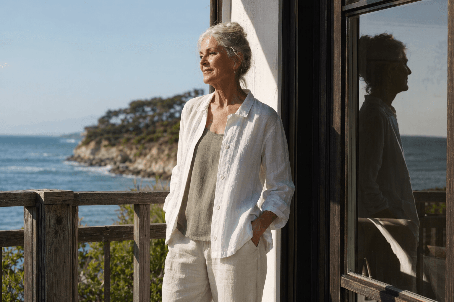 Eileen Fisher linen and crushed silk keep coastal grandmother chic cool