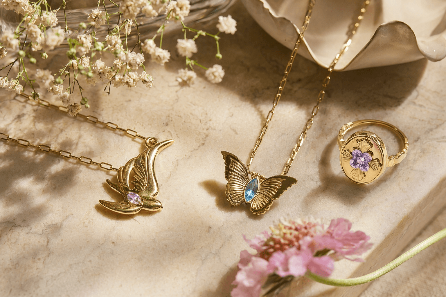 Foundrae summer capsule blooms with butterflies, sparrows and symbolic joy