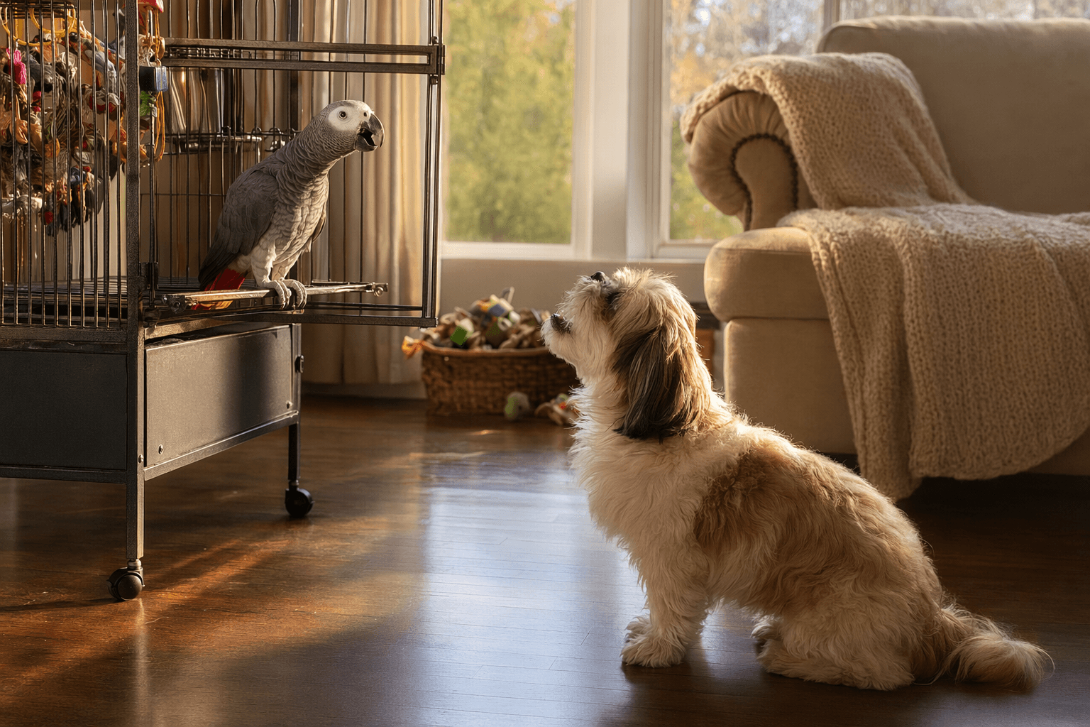 Brody the parrot and Mars share a morning duet, built on routine