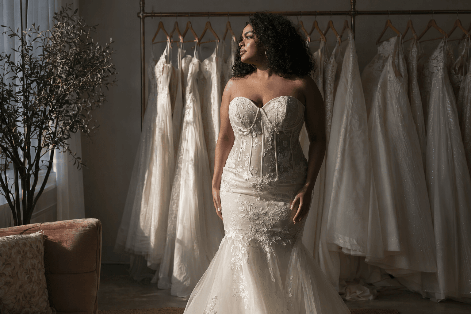 plus-size bridal fashion embraces corsets, basque waists, and curves