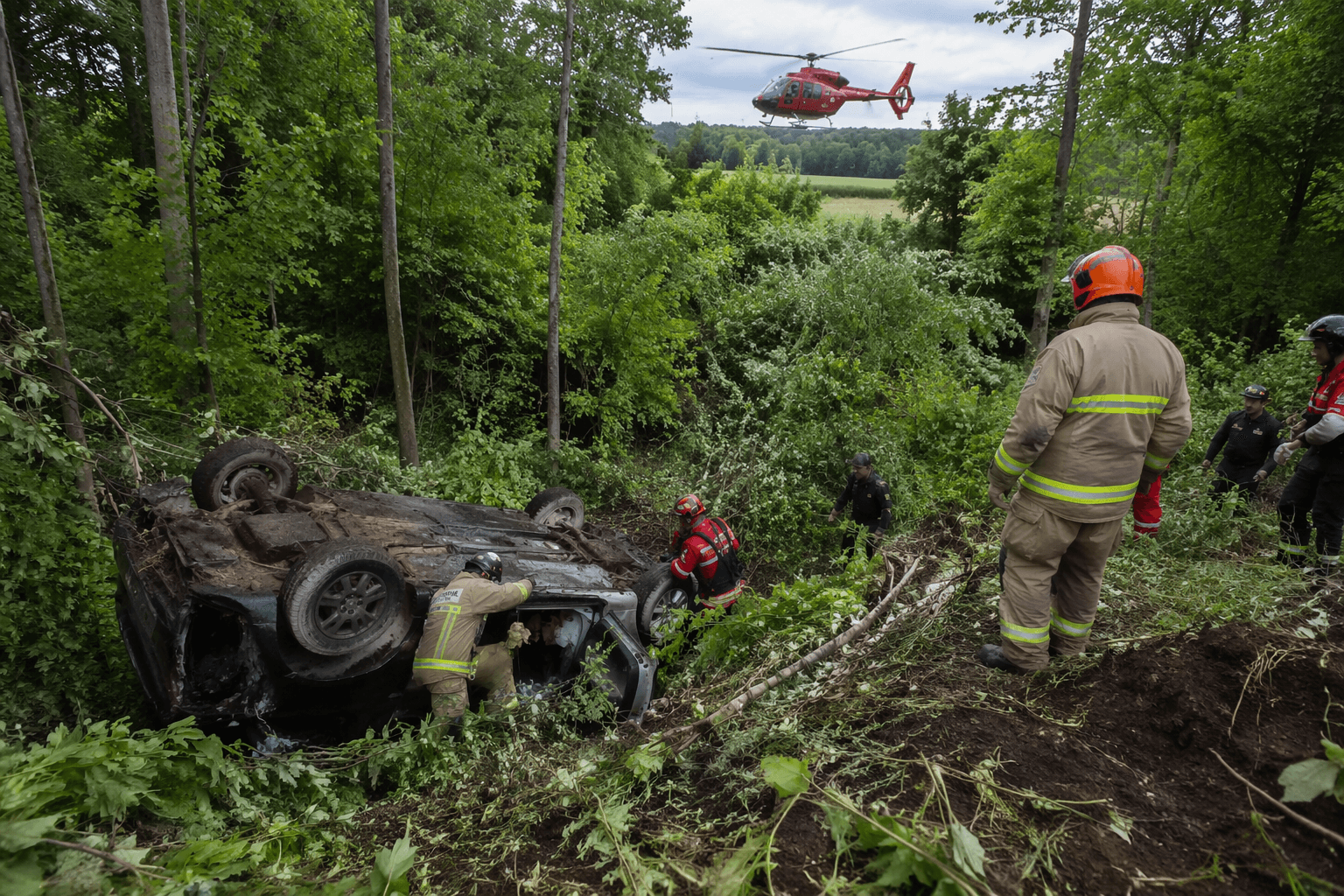 Driver airlifted after crashing down embankment near Petrolia
