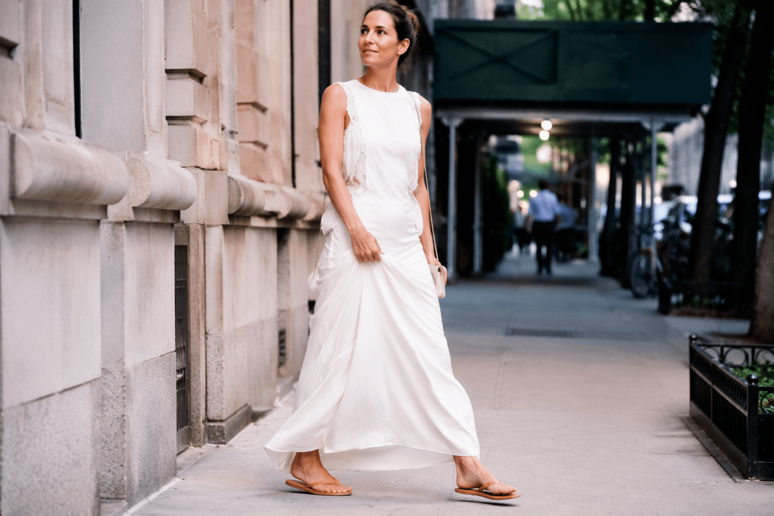 Katie Holmes makes tan suede thong sandals feel quietly luxurious