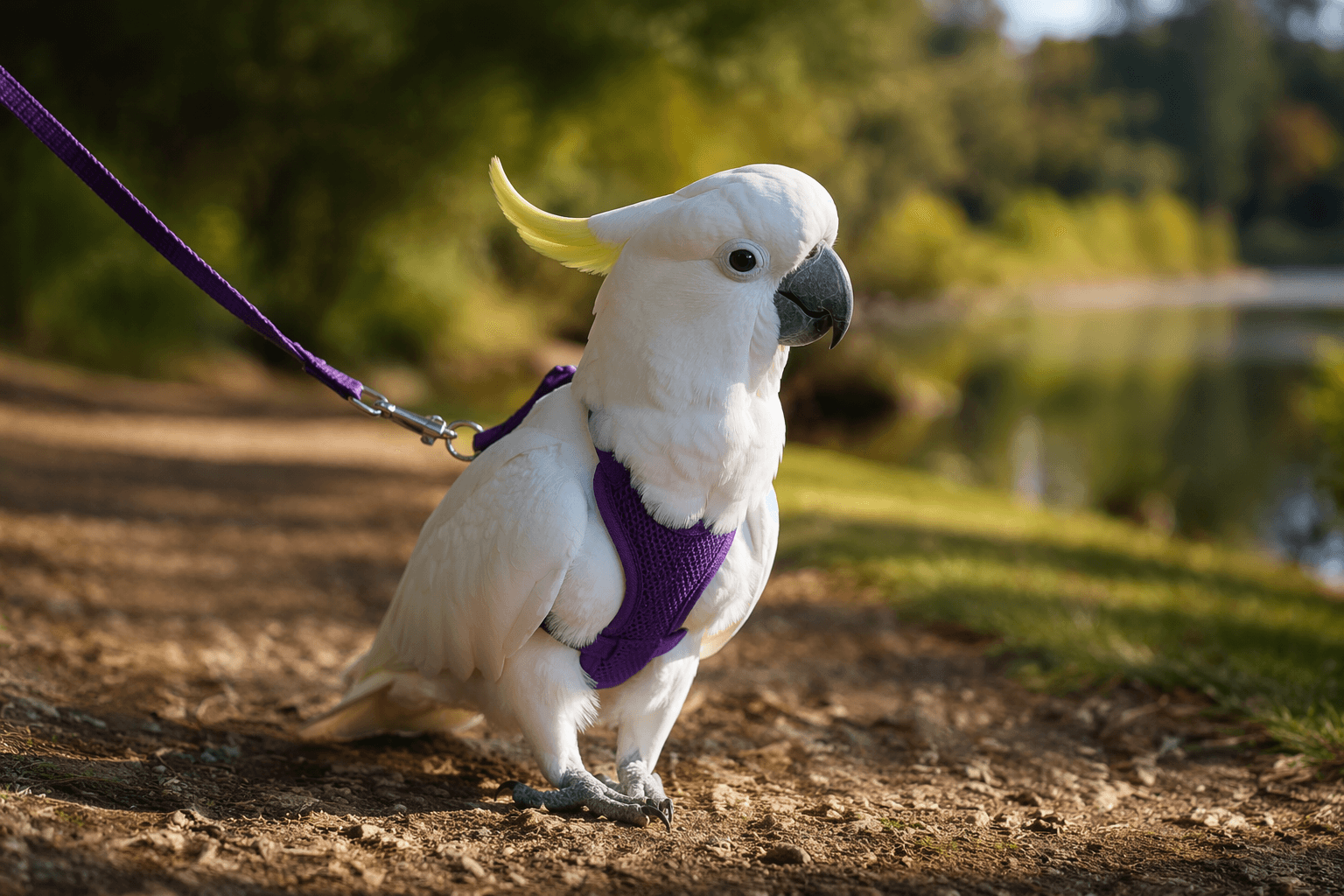 Rescue cockatoo Sweet Pea enjoys outdoor walks with harness and leash