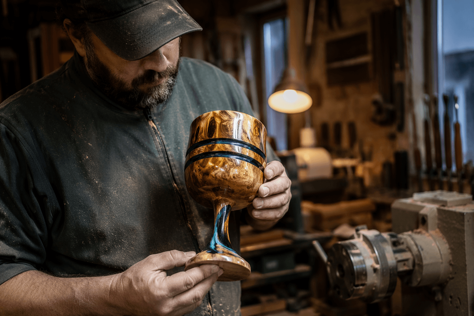 Woodturner combines elm burl and epoxy in captive ring goblet