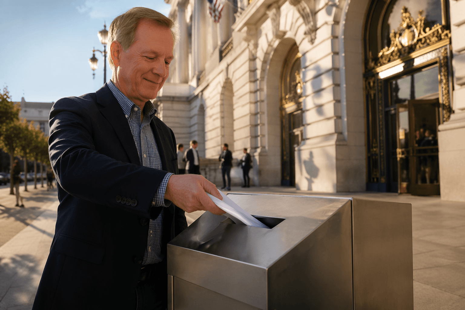 Tom Steyer drops ballot at San Francisco City Hall before primary