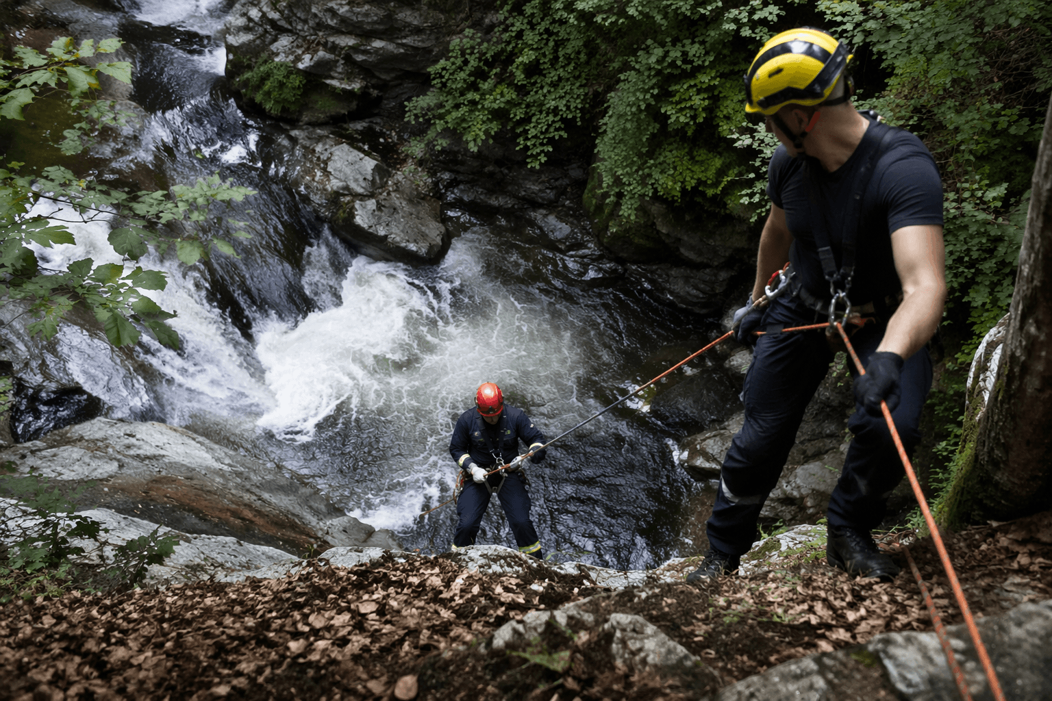 Rescuers rappel into Mullen Creek to reach two at Falls Overlook