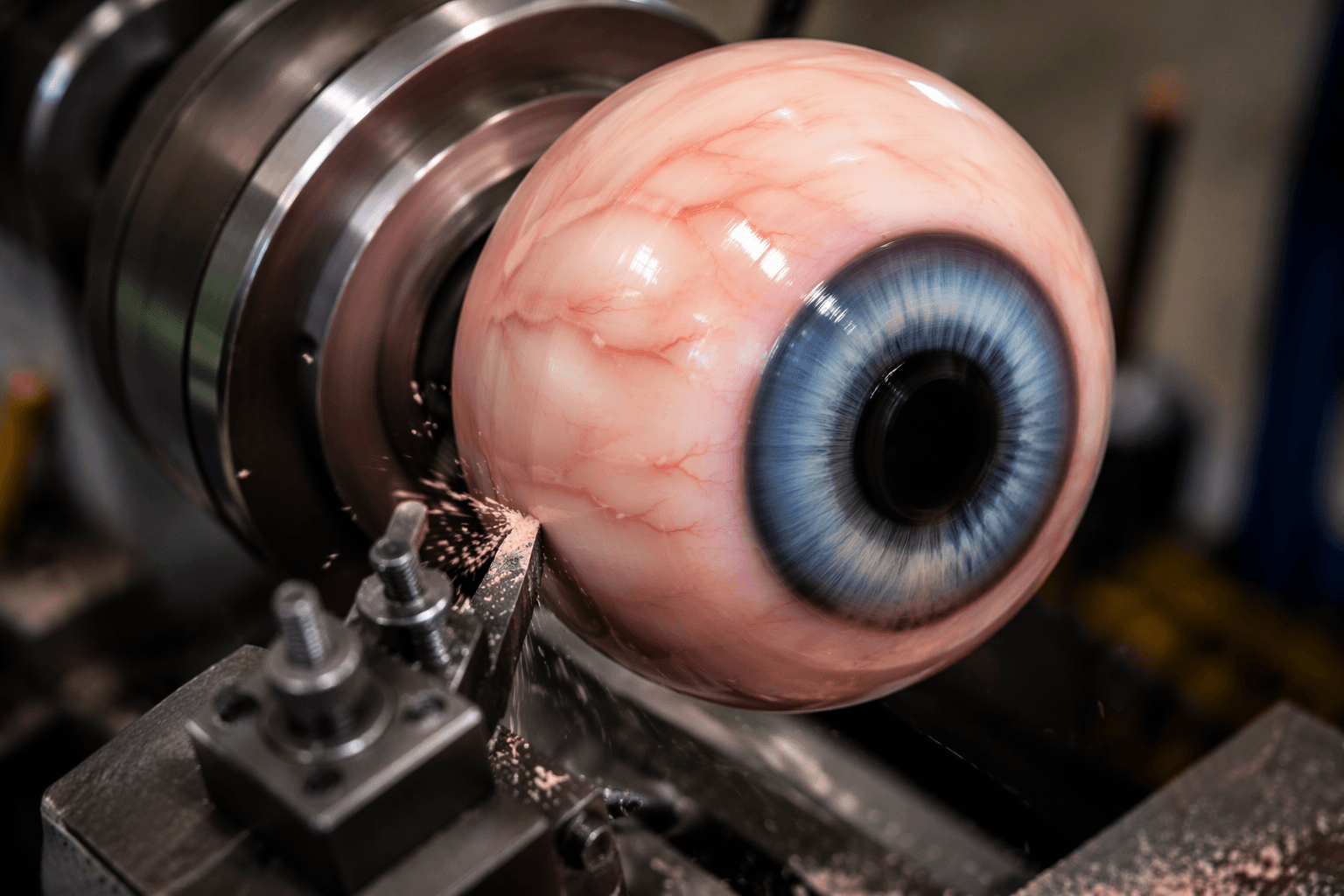 Turned giant eyeball on a lathe showcases sculptural realism