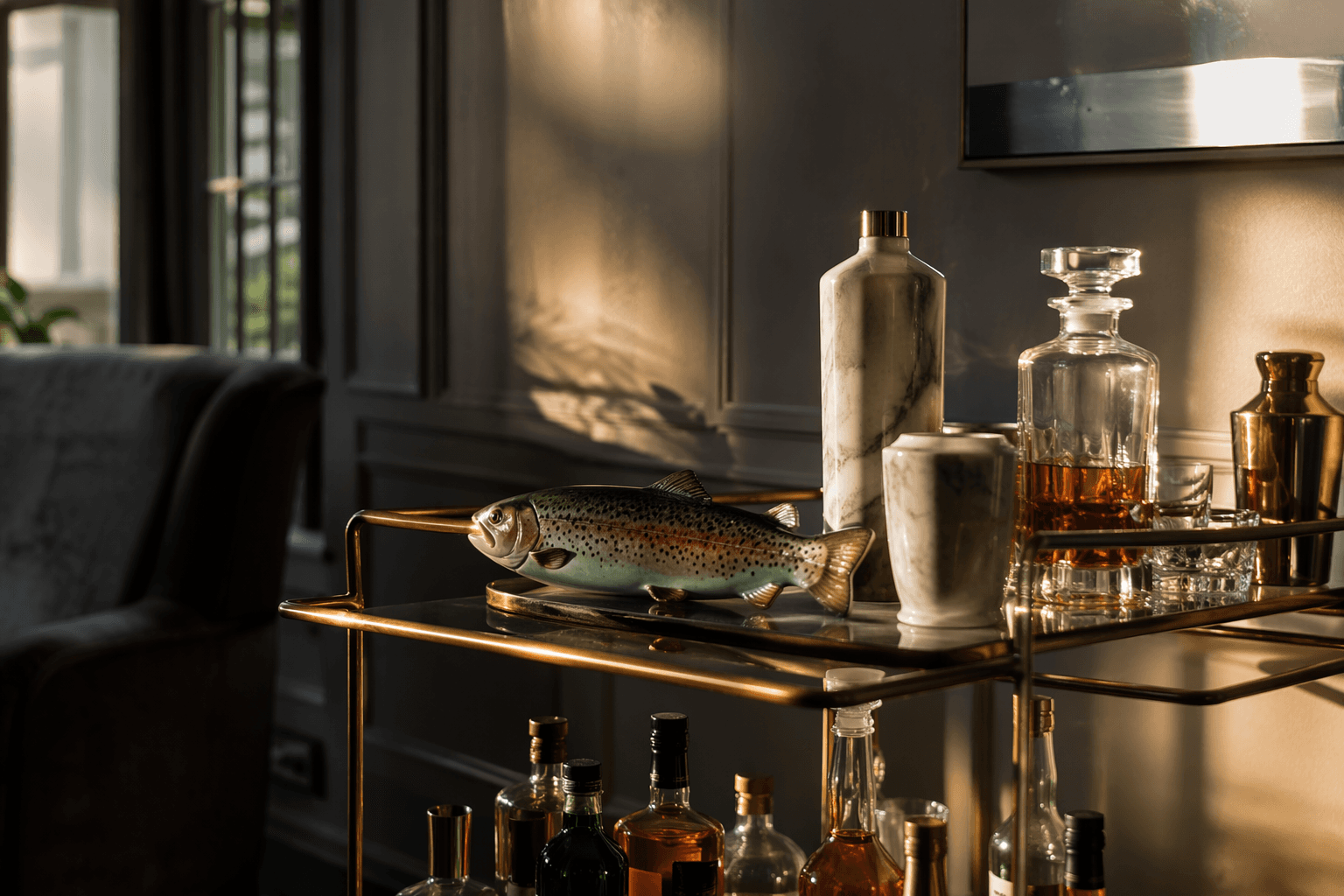 Bar-cart gifts for dads, from ceramic trout to marble tequila vessels