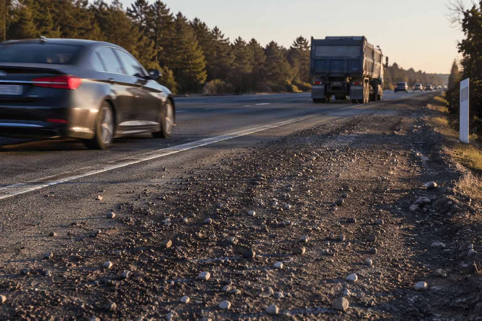 Gravel-shedding semi truck causes hazard on Highway 101 North at Loleta Drive