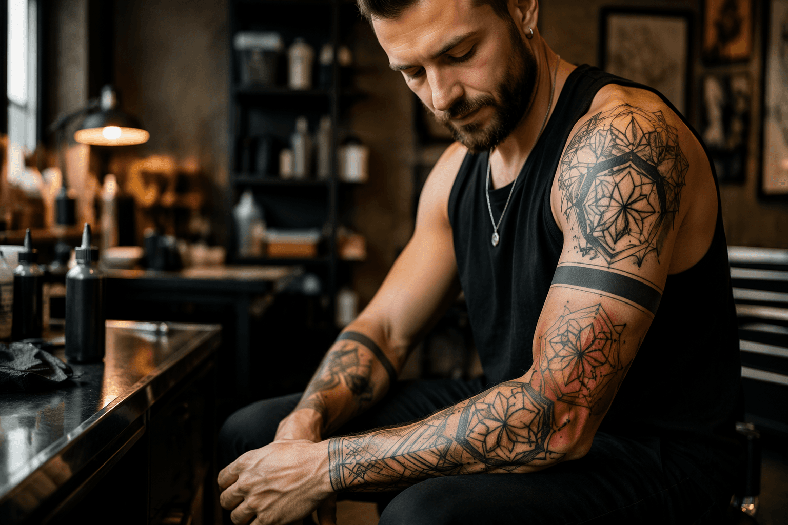 Geometric arm tattoos use placement to shape meaning and style