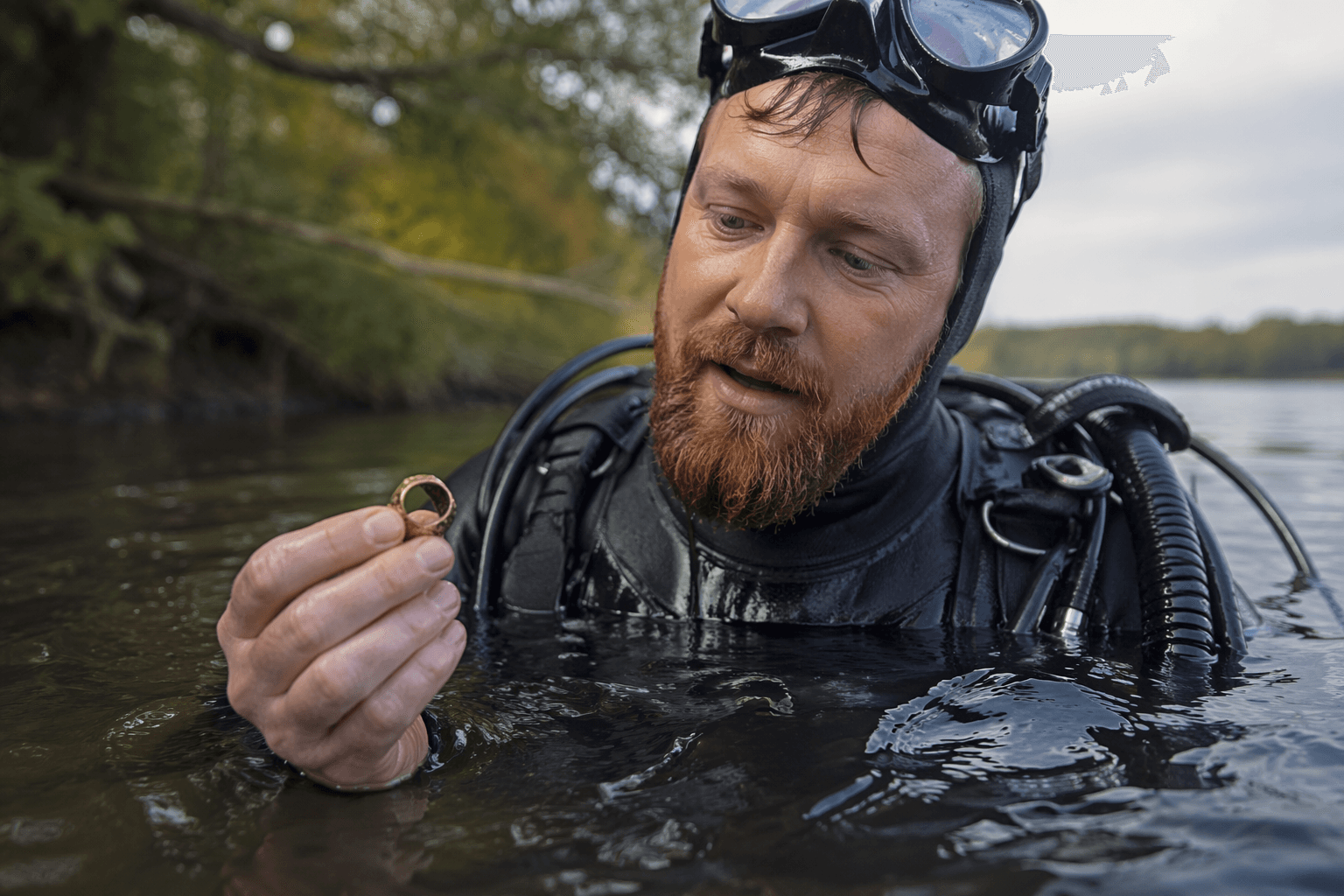 Diver finds engraved name inside lost college ring buried in river mud