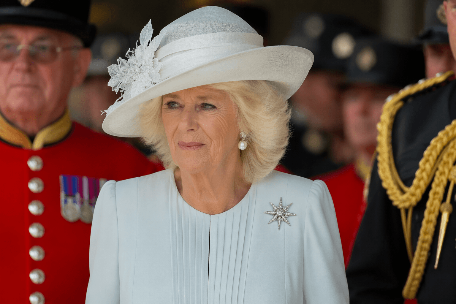 Queen Camilla wears pearl earrings for Chelsea Pensioners Founder’s Day