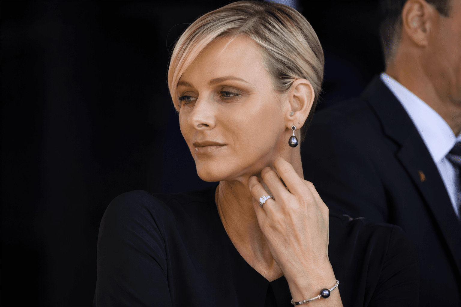 Princess Charlene highlights diamond ring and vintage Cartier pearls
