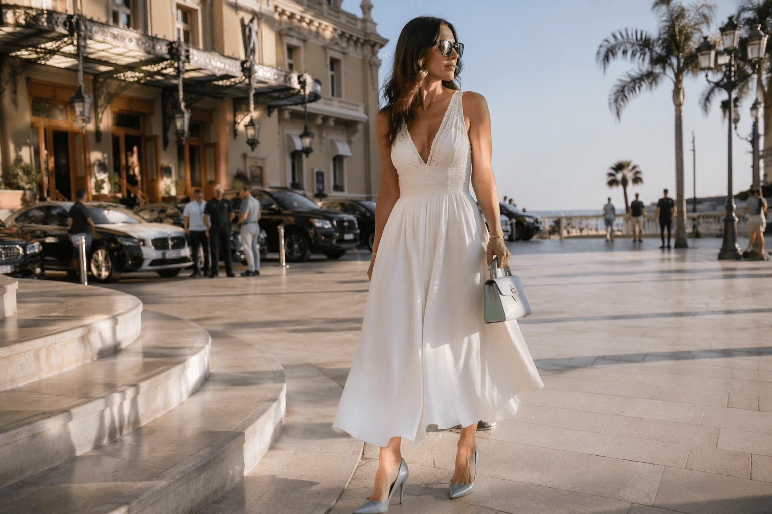 Mint pumps refresh a white dress for summer events