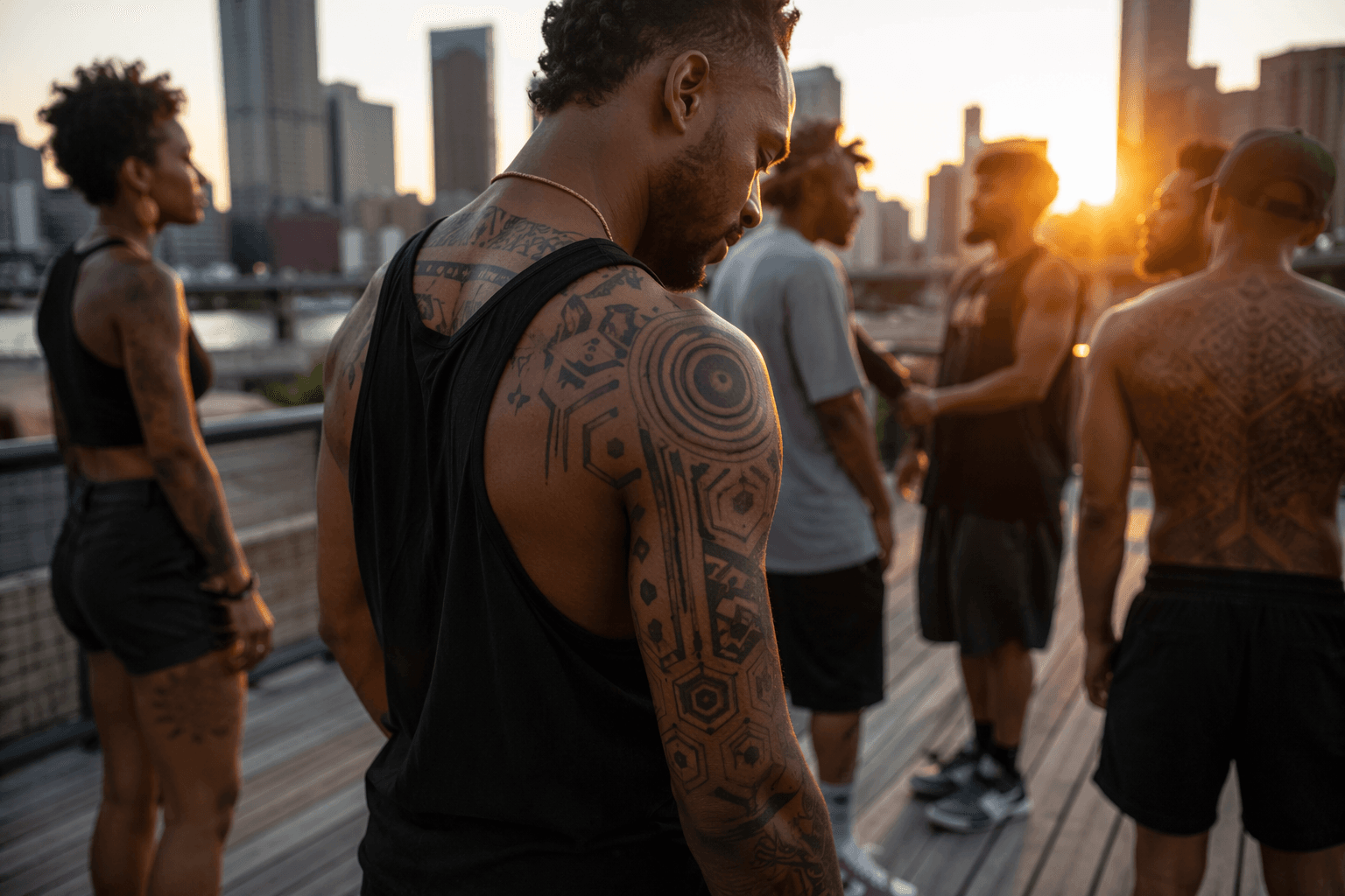 Geometric tattoos that pop on darker skin, from dots to circuit motifs