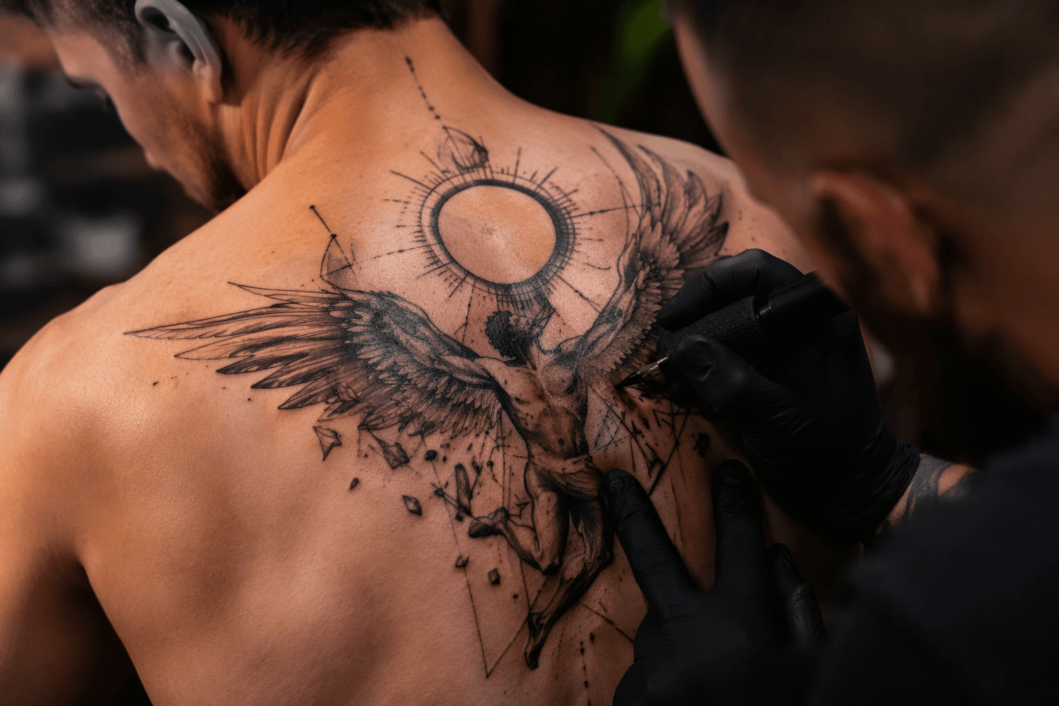 Geometric Icarus tattoos turn myth into sharp visual storytelling