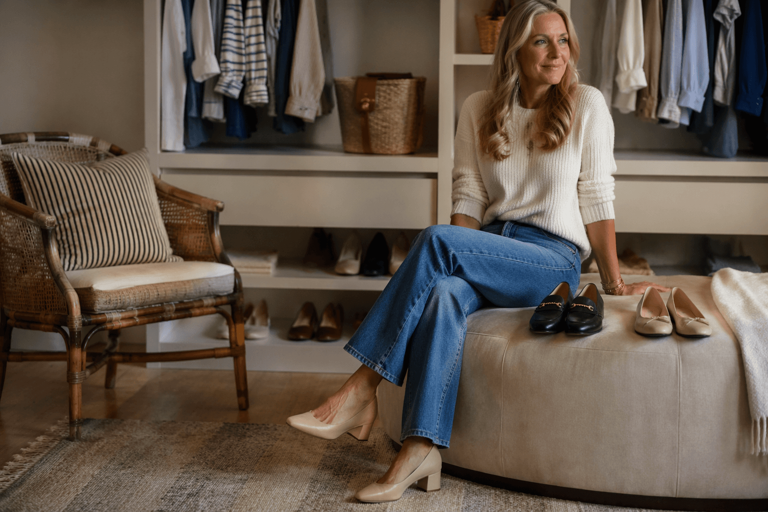 Coastal grandmother denim pairs loafers, ballet flats and block heels