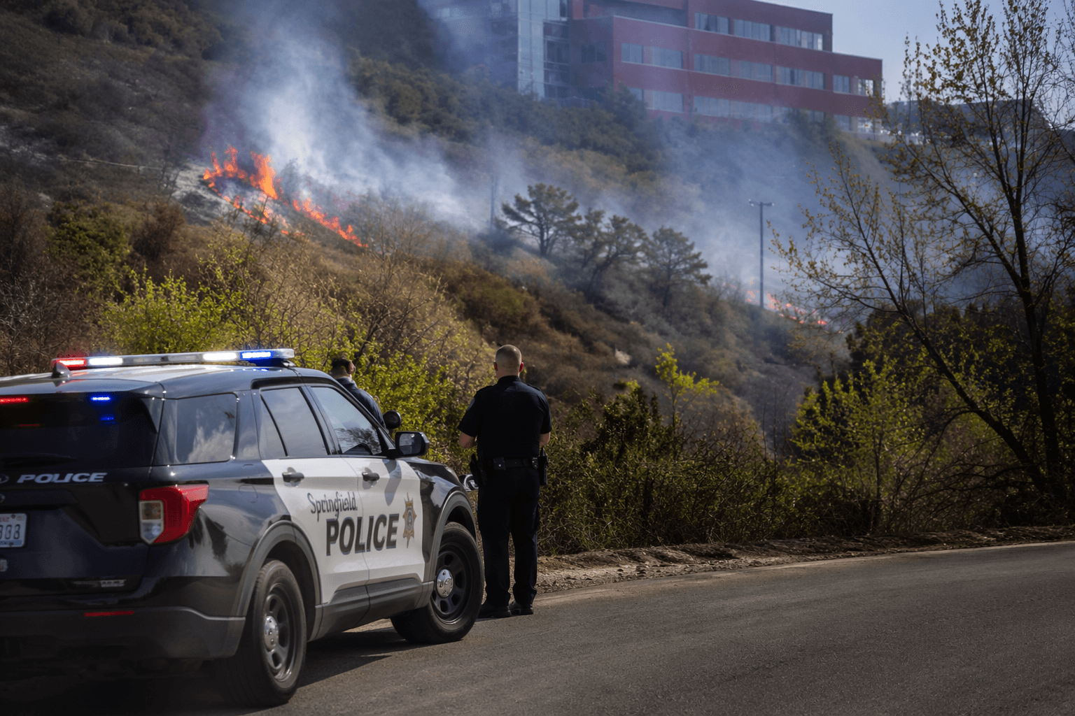 Police officer spots smoke, helps stop Springfield brush fire