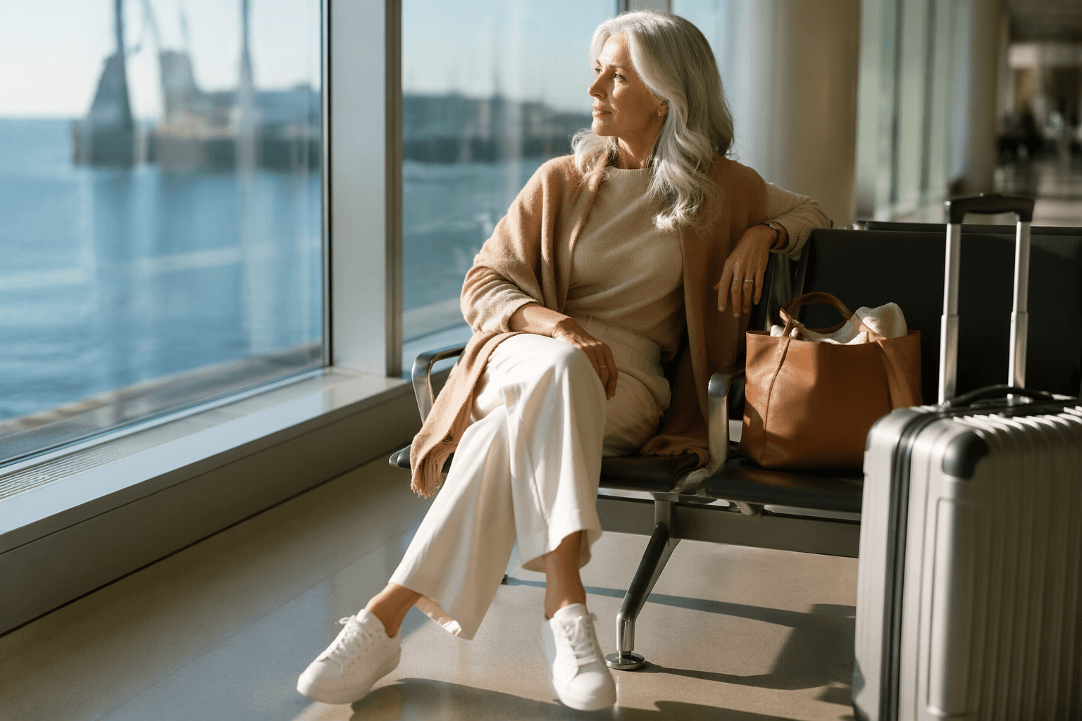 Coastal grandmother style gets a white-sneaker travel refresh