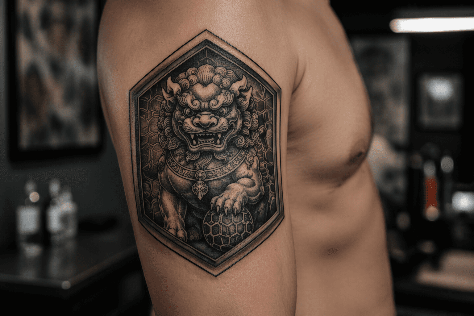 Geometric hexagon foo dog tattoos modernize a classic guardian motif