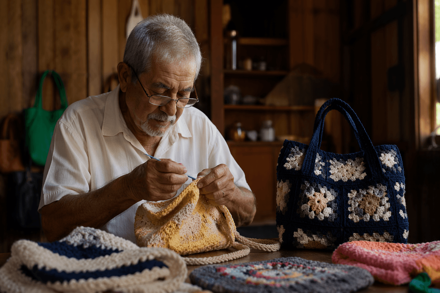 Viral video of elderly man’s crochet bags wins praise online