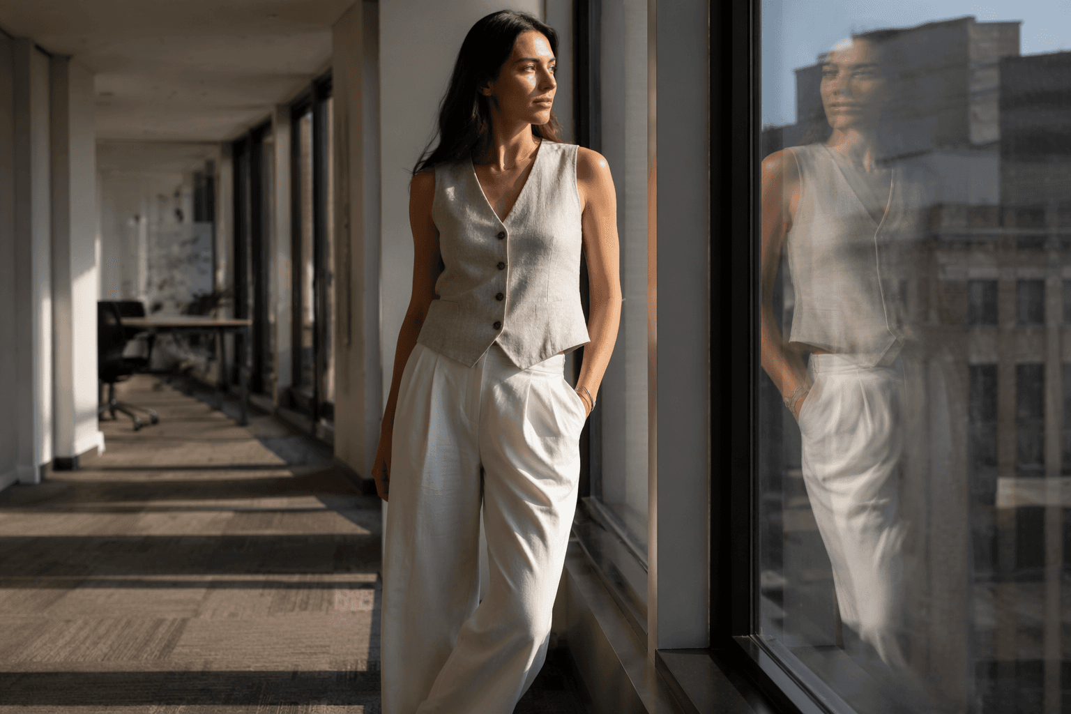 Summer office style shifts to linen, wide-leg trousers and vests