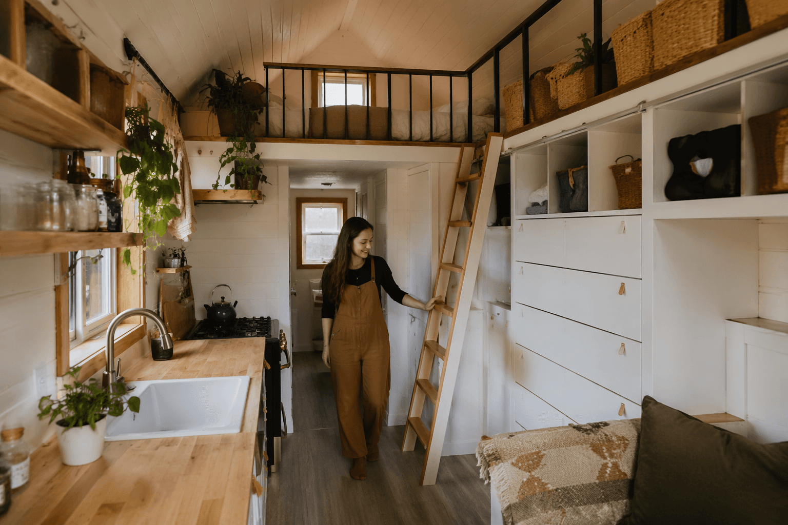 Farmhouse tiny house uses smart storage and a built-in catwalk