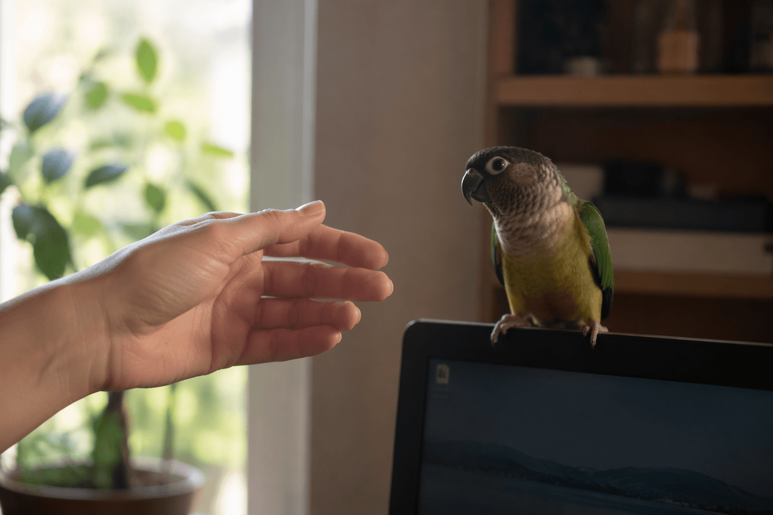Cautious parrot on monitor shows how trust starts with hands