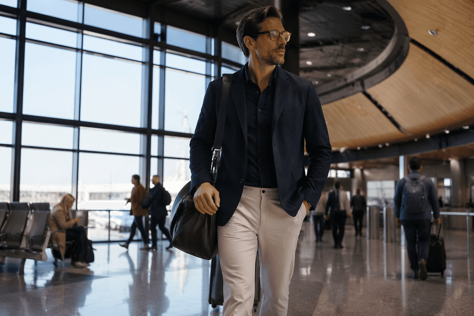 A bag, trousers and jacket formula for polished airport dressing