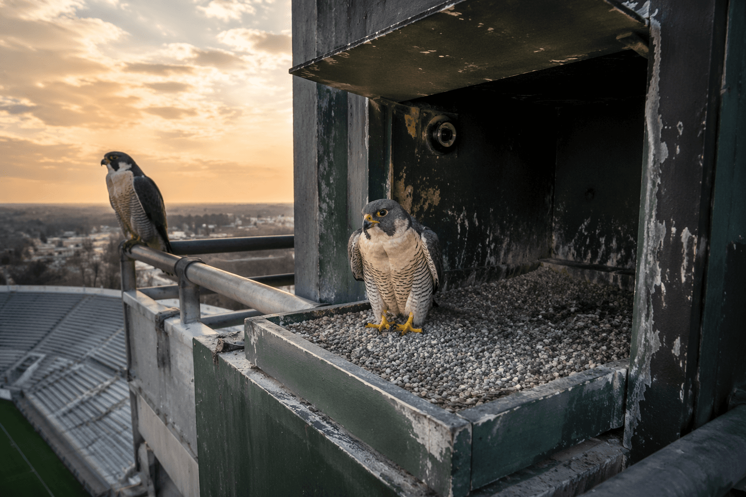 New female joins Apollo at MSU peregrine nest, no eggs laid