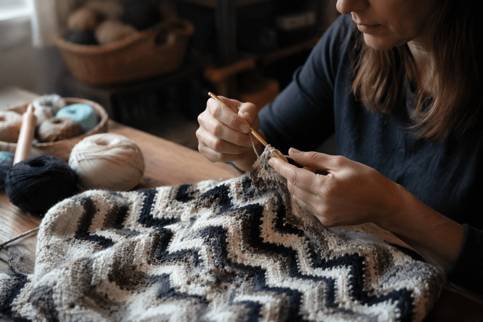 Chevron stitch guide shows how yarn and hooks shape bold texture