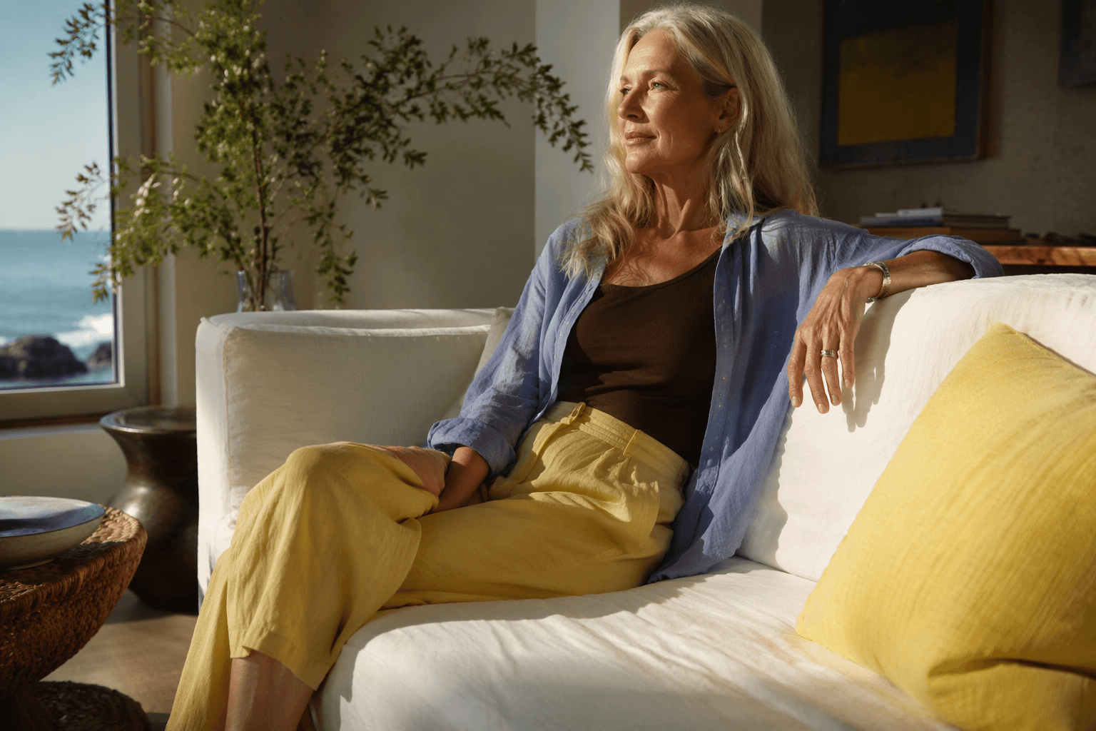 Coastal grandmother style gets a lift from bold color pairings