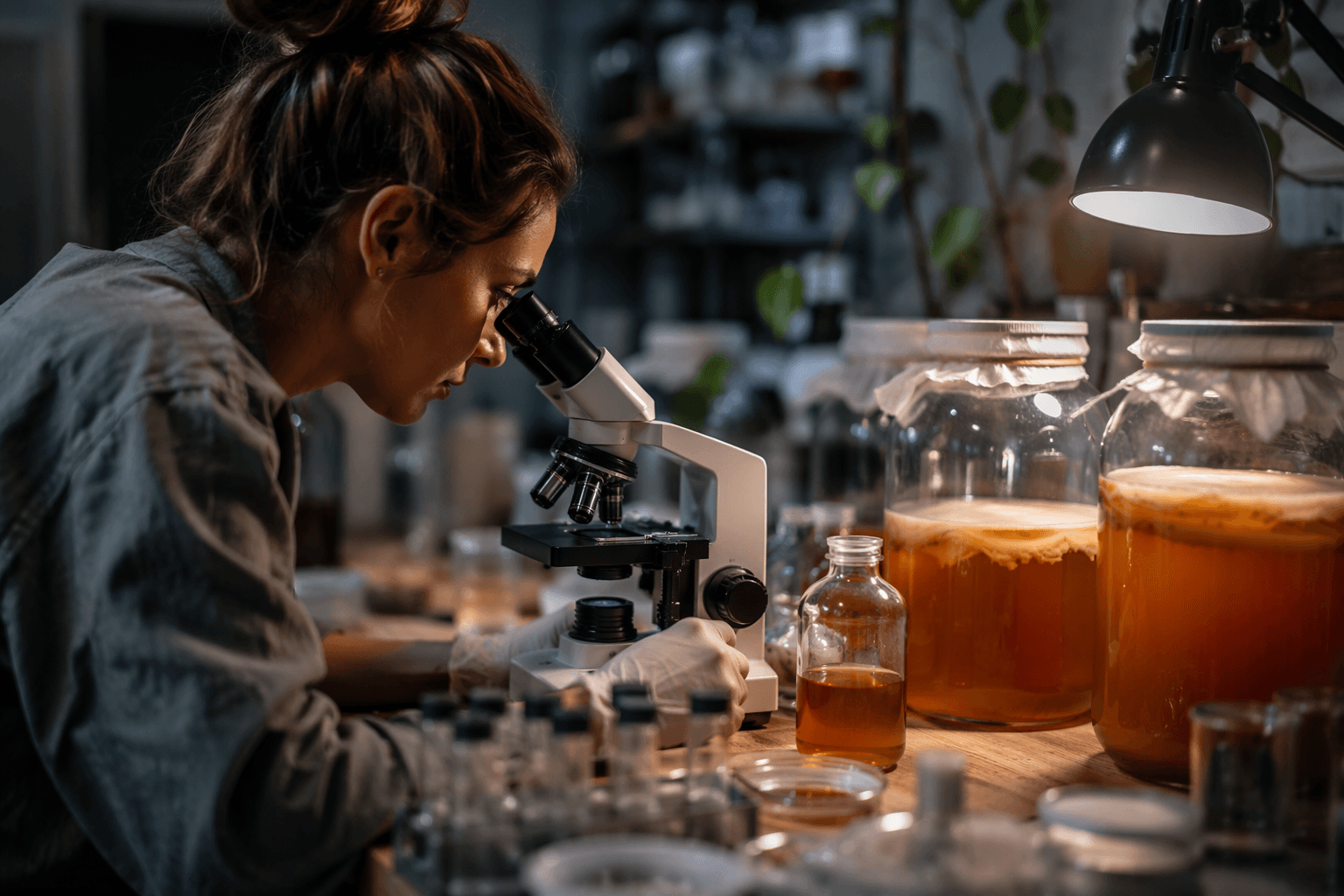 Kombucha under the microscope reveals living cultures in action