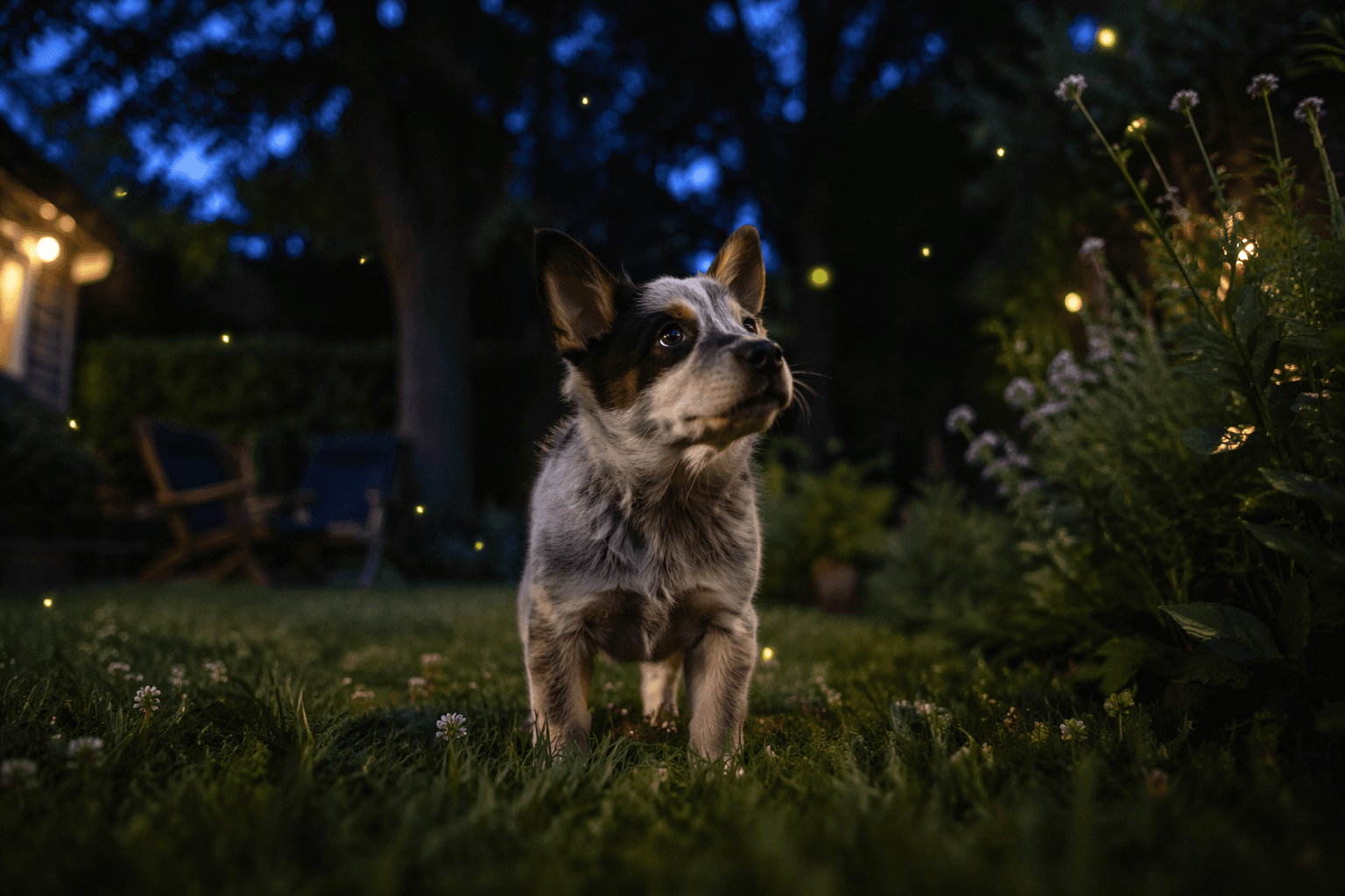 Heeler puppy discovers fireflies for the first time in summer backyard