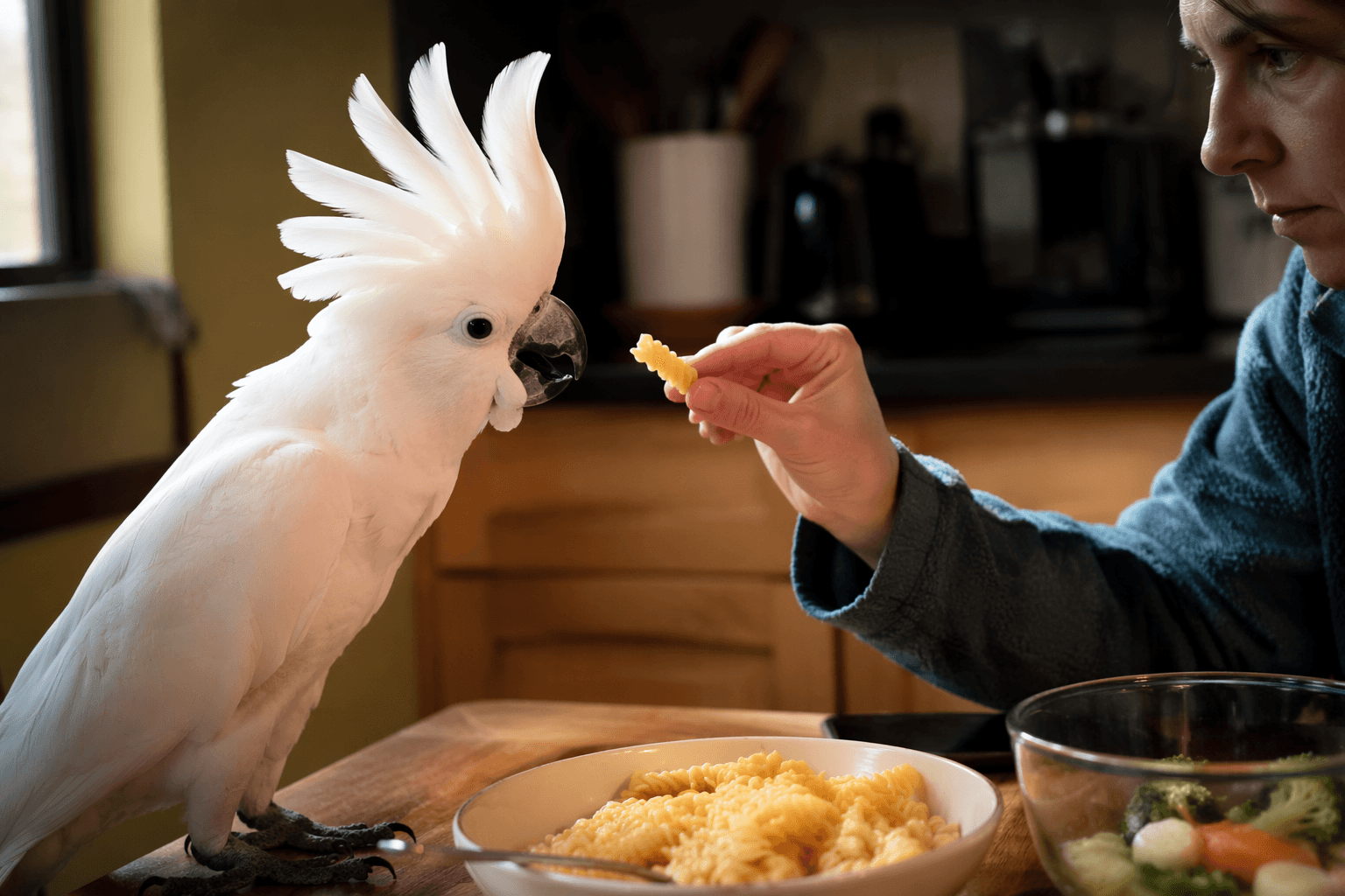 Cockatoo negotiates for pasta, but bird owners need balanced meals