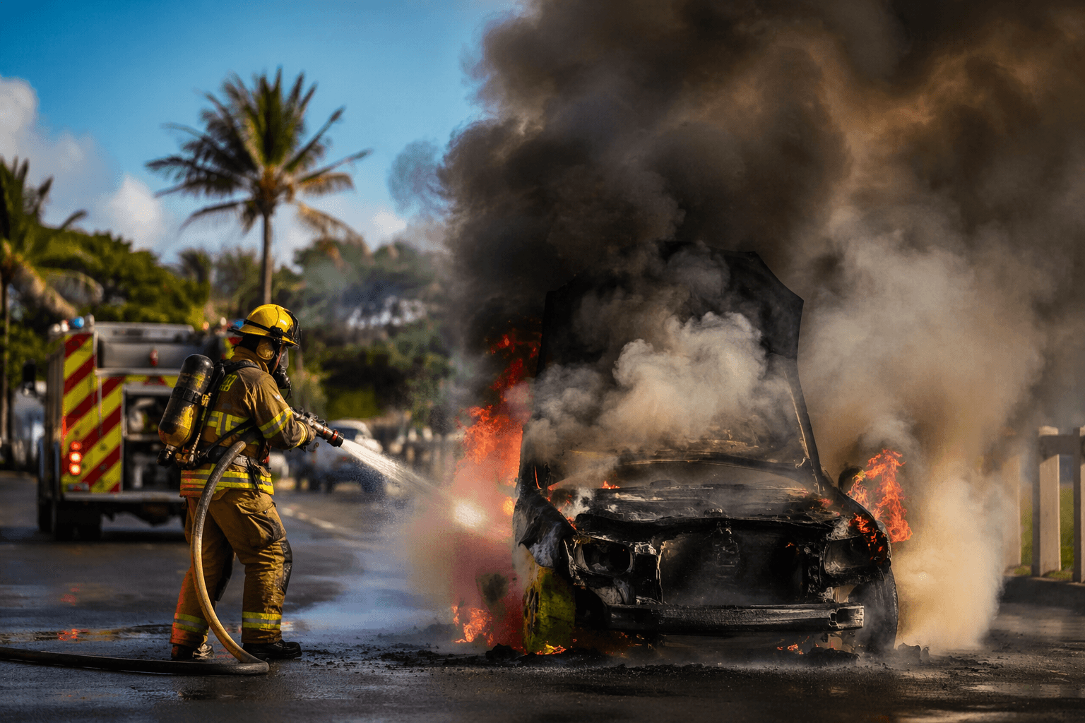 Līhue vehicle fire draws county response, drone warning issued