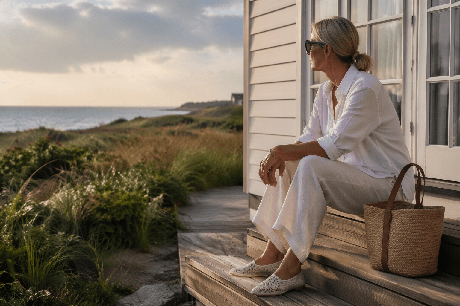 Hamptons coastal grandmother style, crisp whites and easy linens for summer
