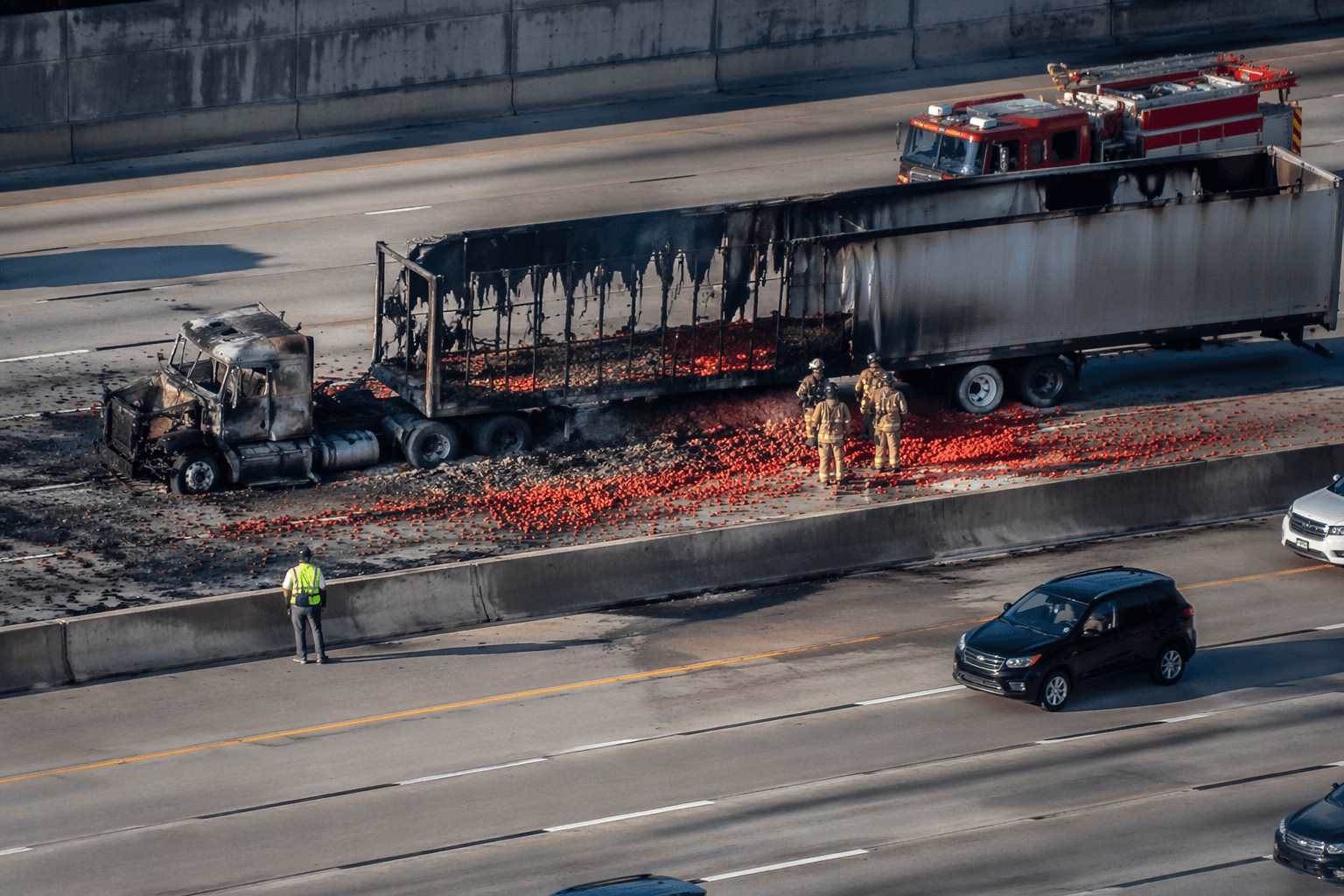 Tomato truck fire closes lanes on Southwest Freeway near Bellaire Boulevard