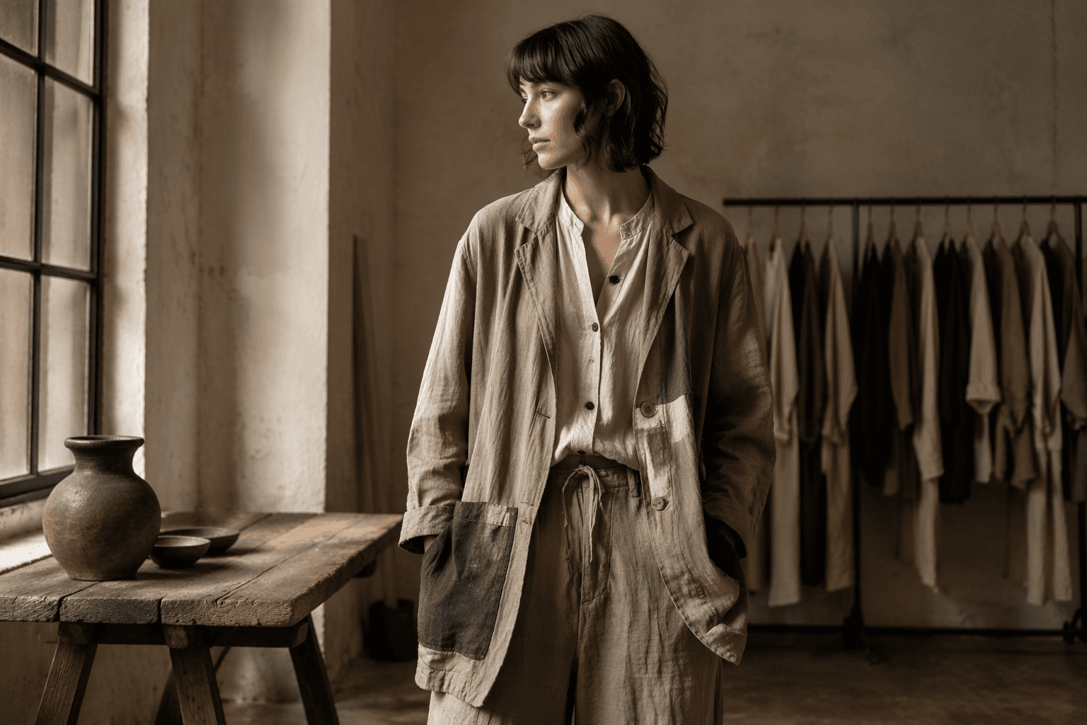 Uma Wang reimagines workwear with textured linen and soft tailoring
