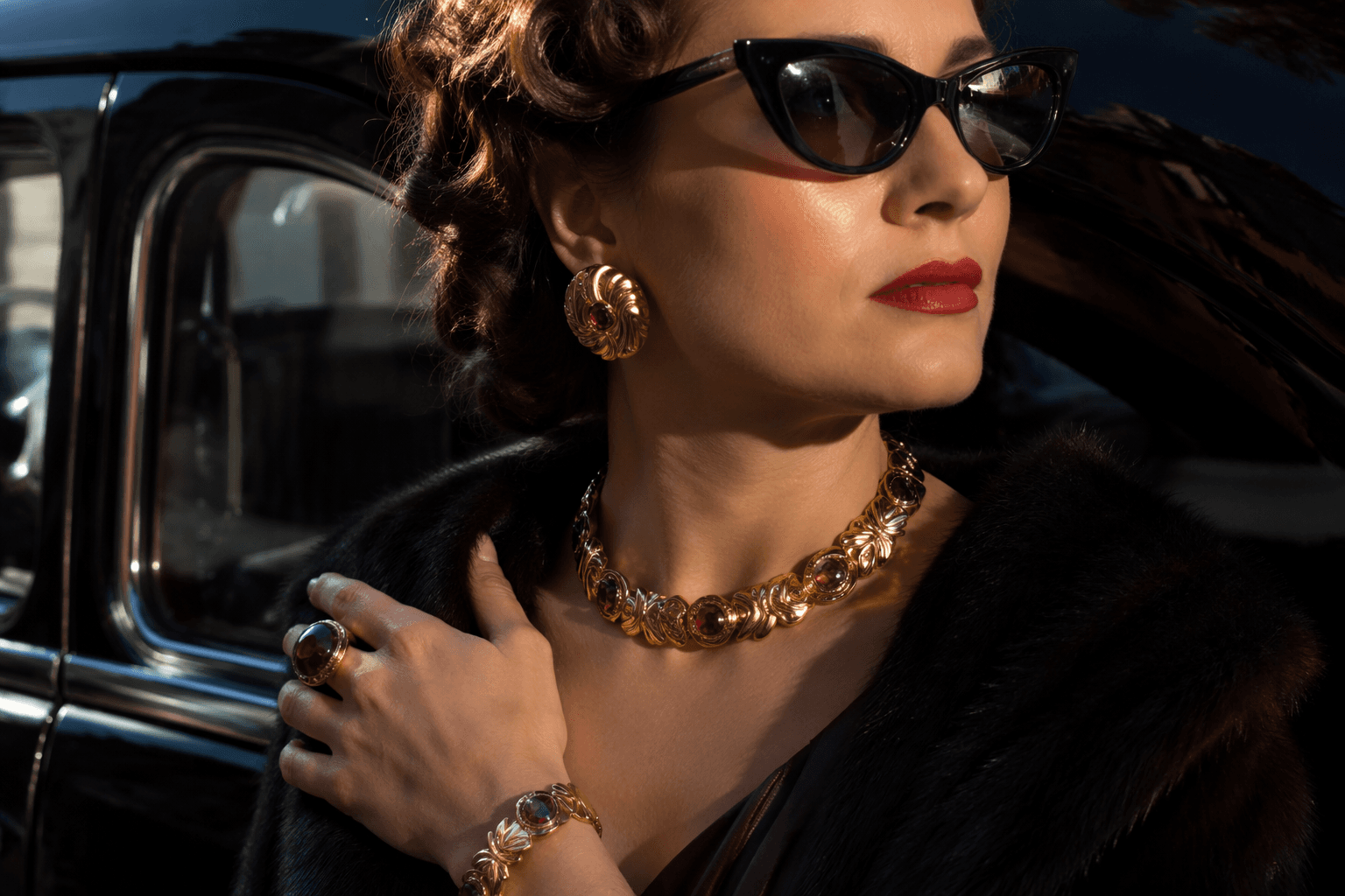 Retro jewelry’s wartime glamour, bold gold and colorful stones